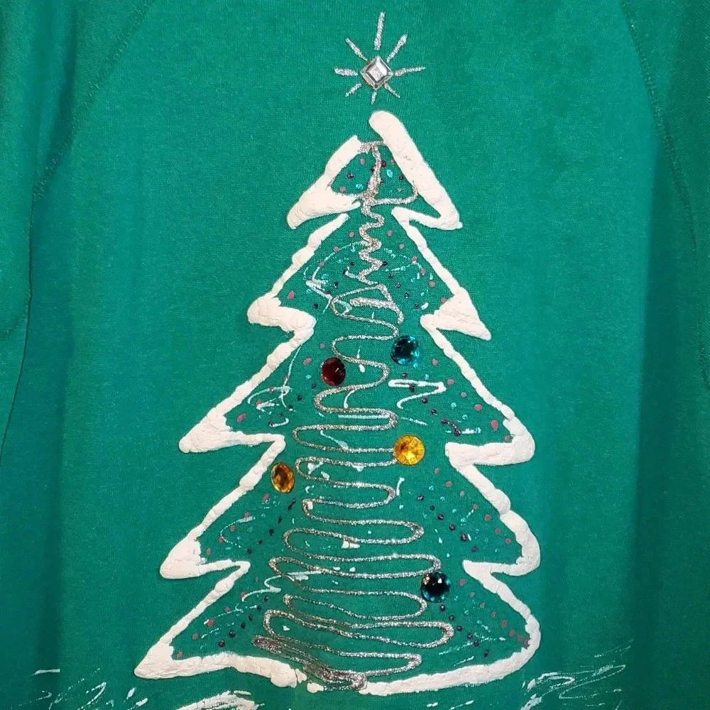 Vintage 90's Hanes Sport Christmas Tree Long Sleeve Sweatshirt - Picture 2 of 6